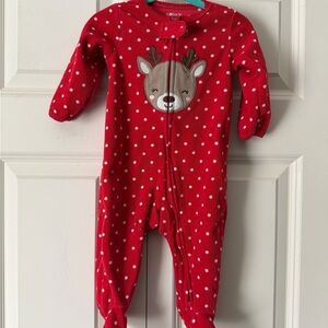 Carter's Red Polka Dot Reindeer Fleece Footed One-Piece